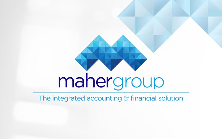 maher group - maher group 4 colour logo stack with tagline and faceted background
