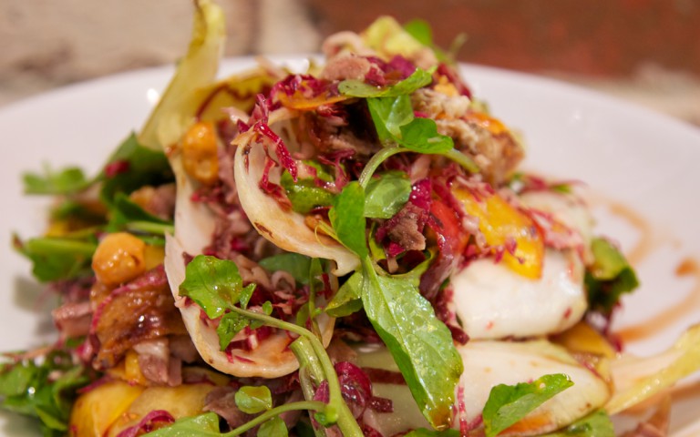 Crispy Duck Salad, Nectarine, Watercress, Hazelnut & Witlof Salad with Vino Cotta Dressing