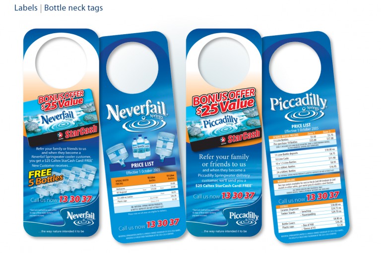 Neverfail Springwater Limited - bottle neck tag flyers